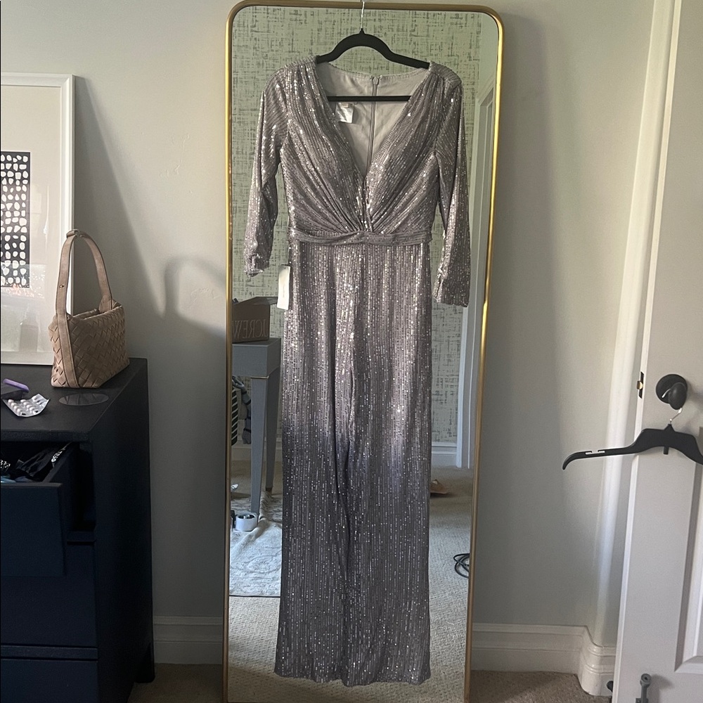 TS Couture silver sequin Long Sleeve jumpsuit Brand new 🪩